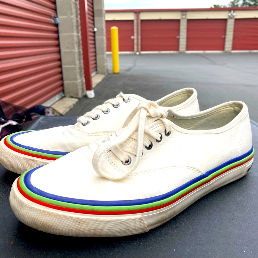 SeaVees White Canvas Sneakers with Rainbow Stripe